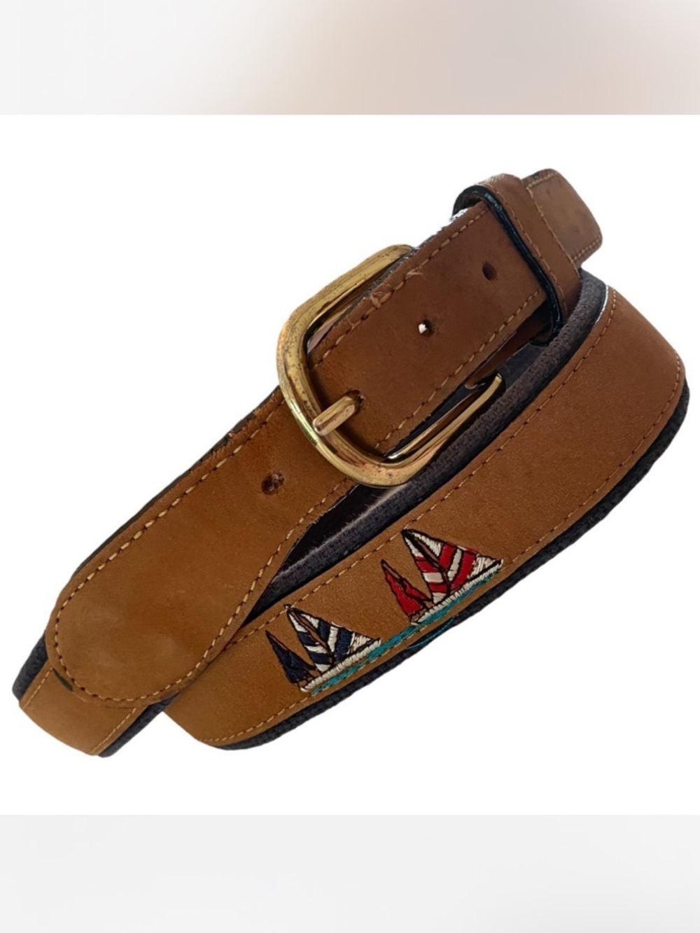 Leather and Canvas Belt with Embroidered Sailboats